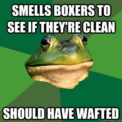 Smells boxers to see if they're clean should have wafted  Foul Bachelor Frog