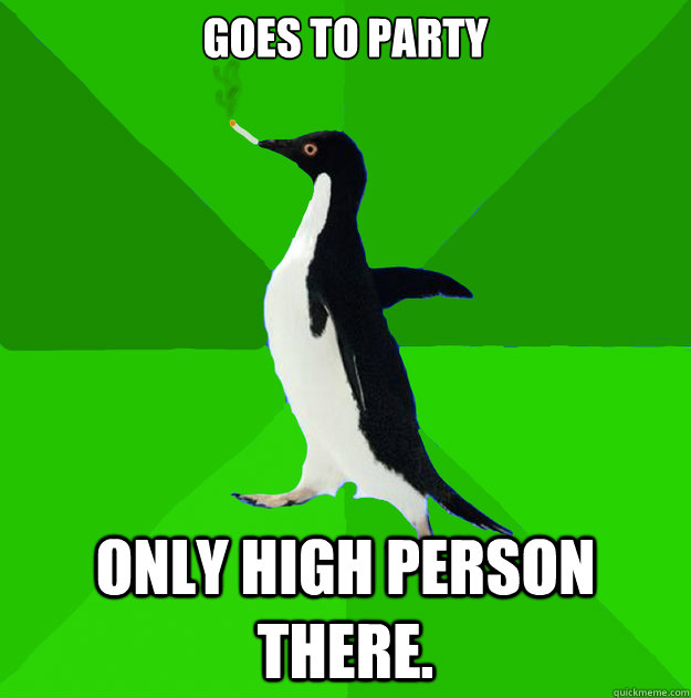goes to party only high person there.  Stoner Penguin