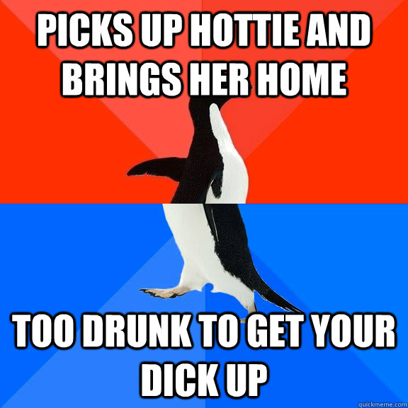 Picks up Hottie and brings her home Too drunk to get your dick up  Socially Awesome Awkward Penguin