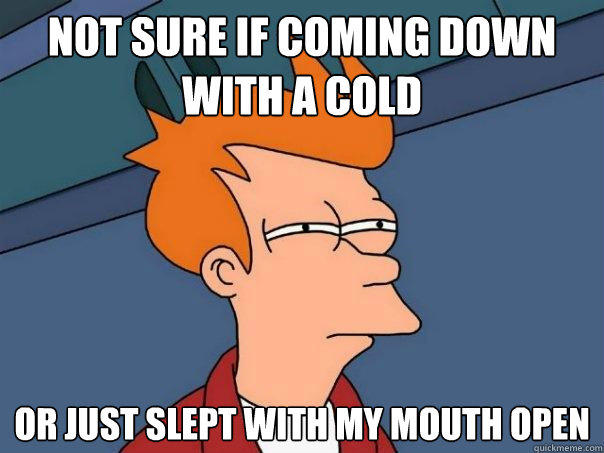 Not sure if coming down with a cold Or just slept with my mouth open  Futurama Fry