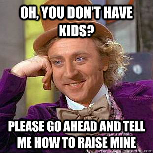 Oh, you don't have kids? Please go ahead and tell me how to raise mine  Condescending Wonka