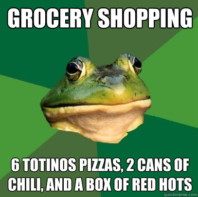 grocery shopping 6 Totinos pizzas, 2 cans of chili, and a box of red hots  Foul Bachelor Frog