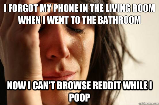 I forgot my phone in the living room when I went to the bathroom Now I can't browse reddit while i poop  First World Problems