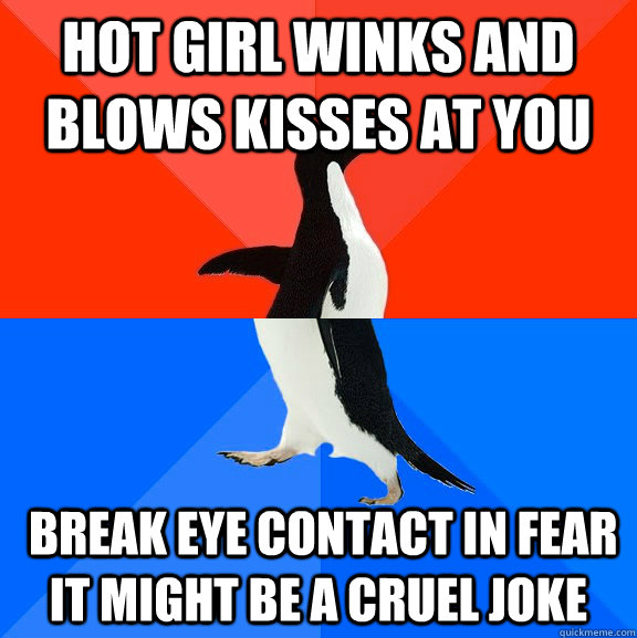 Hot girl winks and blows kisses at you  break eye contact in fear it might be a cruel joke  Socially Awesome Awkward Penguin