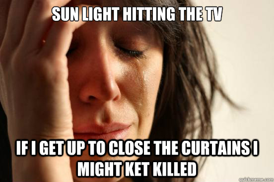 sun light hitting the tv if i get up to close the curtains i might ket killed  First World Problems