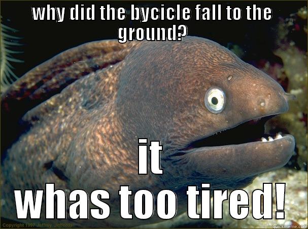 bad joke - WHY DID THE BYCICLE FALL TO THE GROUND? IT WHAS TOO TIRED! Bad Joke Eel
