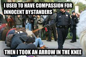 I used to have compassion for innocent bystanders Then I took an arrow in the knee  Skyrim Meme