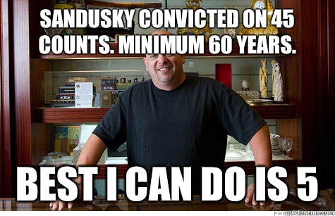Sandusky convicted on 45 counts. Minimum 60 years.  Best i can do is 5  Pwned Pawn Stars