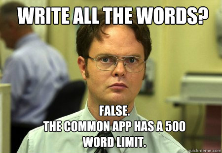 Write all the words? FALSE.  
The Common App has a 500 word limit.  Schrute
