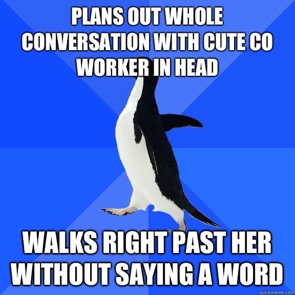 Plans out whole conversation with cute co worker in head Walks right past her without saying a word  Socially Awkward Penguin