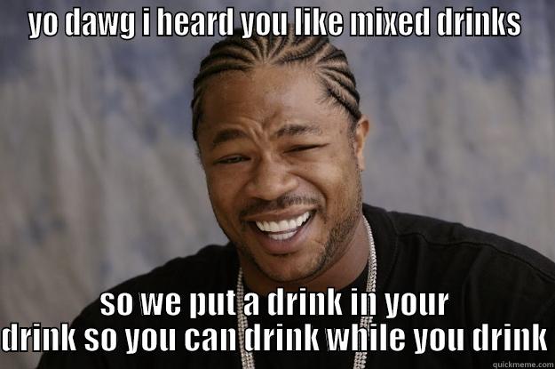 YO DAWG I HEARD YOU LIKE MIXED DRINKS SO WE PUT A DRINK IN YOUR DRINK SO YOU CAN DRINK WHILE YOU DRINK Xzibit meme