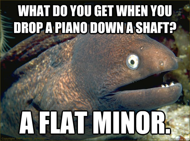 What do you get when you drop a piano down a shaft? A flat minor. - What do you get when you drop a piano down a shaft? A flat minor.  Bad Joke Eel