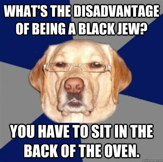 What's the disadvantage of being a black Jew? You have to sit in the back of the oven. - What's the disadvantage of being a black Jew? You have to sit in the back of the oven.  Racist Dog