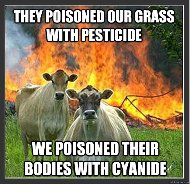 They poisoned our grass with pesticide We poisoned their bodies with cyanide   Evil cows