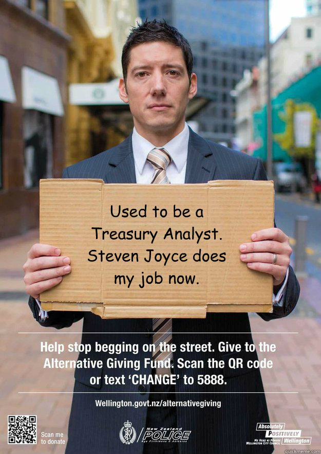 Used to be a Treasury Analyst. Steven Joyce does my job now. - Used to be a Treasury Analyst. Steven Joyce does my job now.  Wellington Beggers