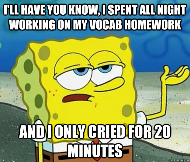 I'll have you know, I spent all night working on my vocab homework and I only cried for 20 minutes  Tough Spongebob