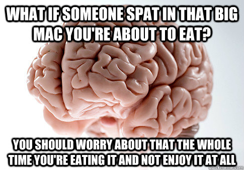 WHAT IF SOMEONE SPAT IN THAT BIG MAC YOU'RE ABOUT TO EAT? YOU SHOULD WORRY ABOUT THAT THE WHOLE TIME YOU'RE EATING IT AND NOT ENJOY IT AT ALL  Scumbag Brain