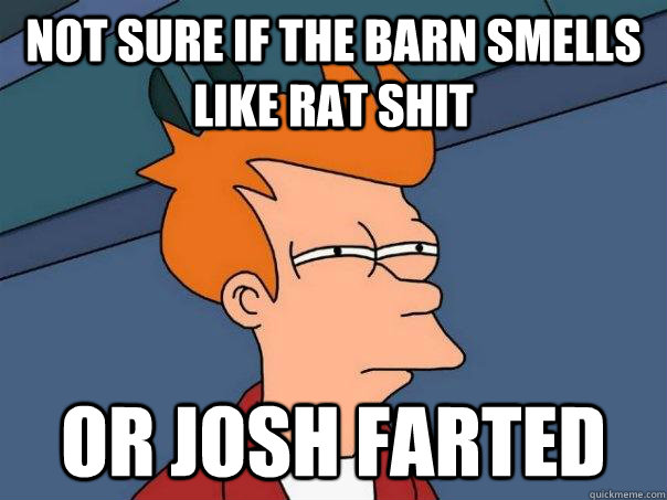 Not sure if the barn smells like rat shit Or Josh farted  Futurama Fry