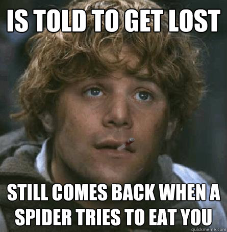 Is told to get lost  Still comes back when a spider tries to eat you - Is told to get lost  Still comes back when a spider tries to eat you  Good Guy Gamgee