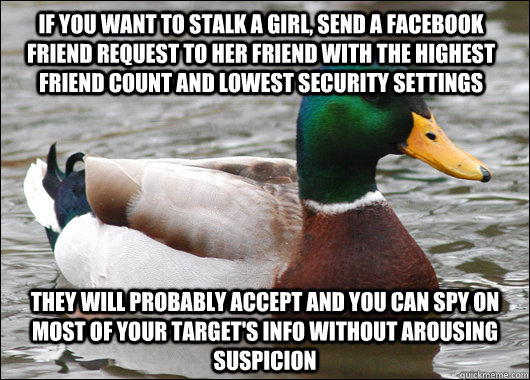If you want to stalk a girl, send a facebook friend request to her friend with the highest friend count and lowest security settings They will probably accept and you can spy on most of your target's info without arousing suspicion   Actual Advice Mallard