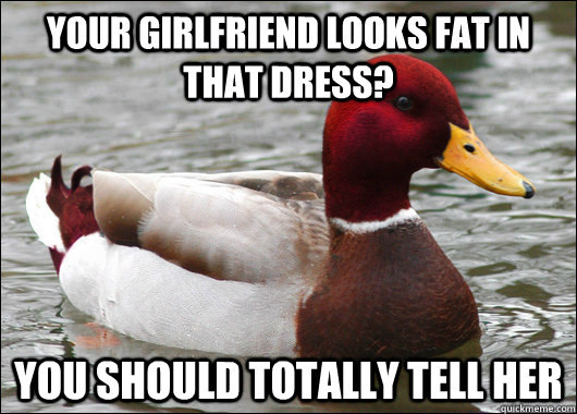 Your girlfriend looks fat in that dress? you should totally tell her  Malicious Advice Mallard