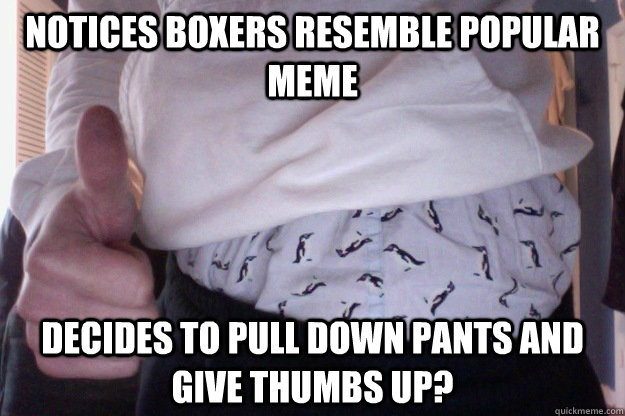 Notices boxers resemble popular meme  decides to Pull down pants and give thumbs up?  socially awkward boxers