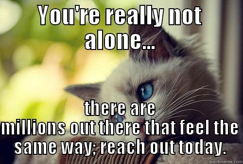 YOU'RE REALLY NOT ALONE... THERE ARE MILLIONS OUT THERE THAT FEEL THE SAME WAY; REACH OUT TODAY. First World Problems Cat