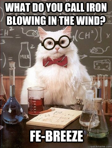 What do you call Iron blowing in the wind? Fe-breeze  Chemistry Cat