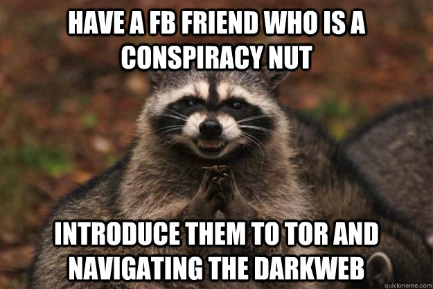Have a FB friend who is a conspiracy nut Introduce them to TOR and navigating the DarkWeb  Evil Plotting Raccoon