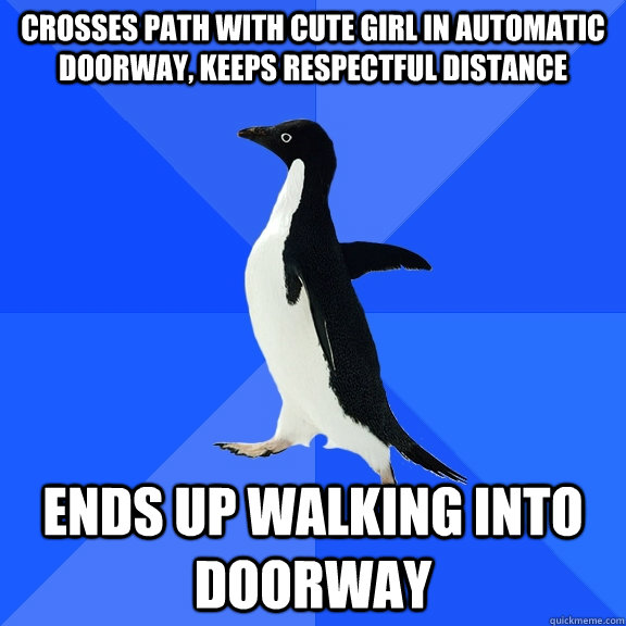 Crosses path with cute girl in automatic doorway, keeps respectful distance Ends up walking into doorway  Socially Awkward Penguin