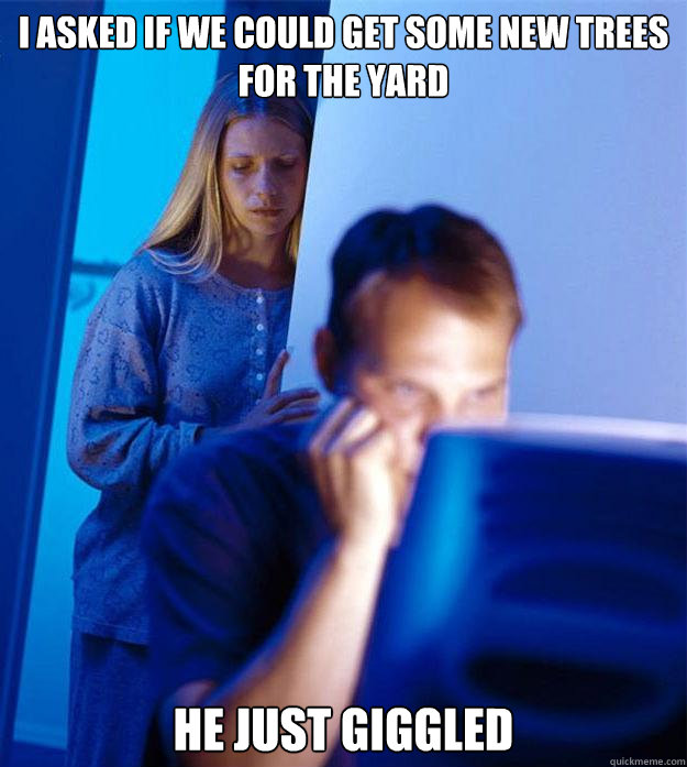 I asked if we could get some new trees for the yard he just giggled  Caption 3 goes here  Redditors Wife