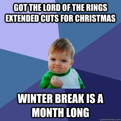 Got The Lord of the Rings Extended Cuts for Christmas Winter Break is a month long  Success Kid