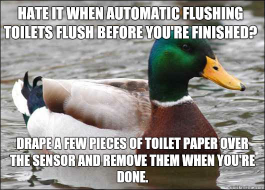 Hate it when automatic flushing toilets flush before you're finished? Drape a few pieces of toilet paper over the sensor and remove them when you're done.  Actual Advice Mallard