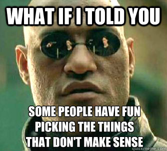 What if I told you some people have fun
picking the things
that don't make sense  What if I told you