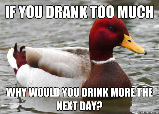 if you drank too much why would you drink more the next day?  Malicious Advice Mallard