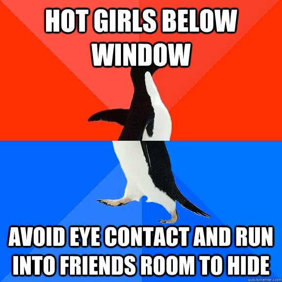 Hot girls below window avoid eye contact and run into friends room to hide  Socially Awesome Awkward Penguin