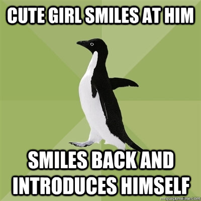 Cute girl smiles at him smiles back and introduces himself  Socially Average Penguin
