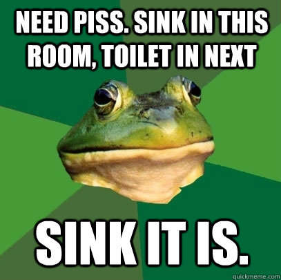Need piss. Sink in this room, toilet in next Sink it is.  Foul Bachelor Frog