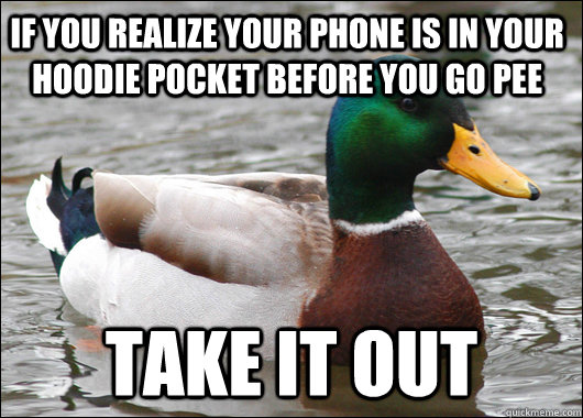 if you realize your phone is in your hoodie pocket before you go pee take it out - if you realize your phone is in your hoodie pocket before you go pee take it out  Actual Advice Mallard