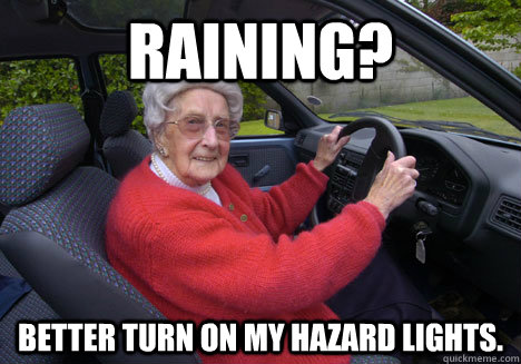 Raining? Better turn on my hazard lights. - Raining? Better turn on my hazard lights.  Bad Driver Barbara