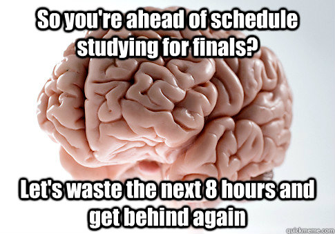 So you're ahead of schedule studying for finals? Let's waste the next 8 hours and get behind again  Scumbag Brain