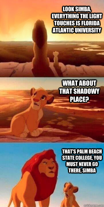 look simba, everything the light touches is Florida Atlantic University what about that shadowy place? that's Palm Beach State College, you must never go there, simba  SIMBA