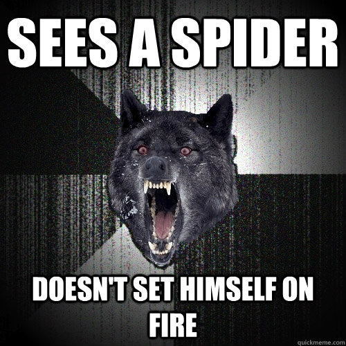 Sees a spider Doesn't set himself on fire  Insanity Wolf