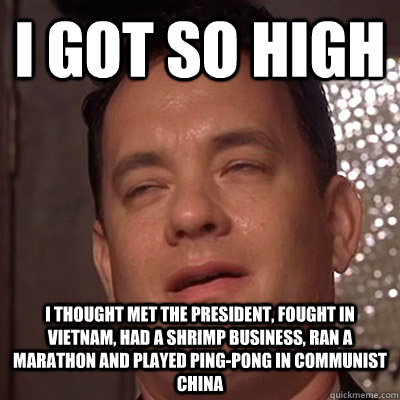 I GOT SO HIGH I THOUGHT met the President, fought in Vietnam, had a shrimp business, ran a marathon and played ping-pong in Communist China - I GOT SO HIGH I THOUGHT met the President, fought in Vietnam, had a shrimp business, ran a marathon and played ping-pong in Communist China  Tom Hanks 9 Guy