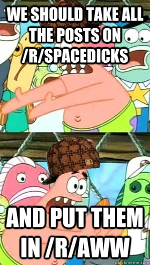 we should take all the posts on /r/spacedicks And put them in /r/aww - we should take all the posts on /r/spacedicks And put them in /r/aww  Scumbag Patrick