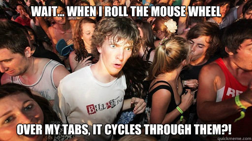 Wait... When I roll the mouse wheel Over my tabs, it cycles through them?!  Sudden Clarity Clarence