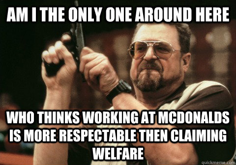 Am I the only one around here Who thinks working at McDonalds is more respectable then claiming welfare  - Am I the only one around here Who thinks working at McDonalds is more respectable then claiming welfare   Am I the only one