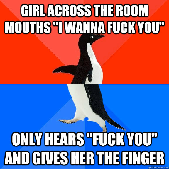 Girl across the room mouths 
