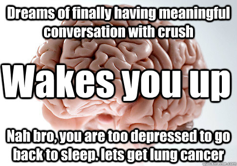 Dreams of finally having meaningful conversation with crush Nah bro, you are too depressed to go back to sleep. lets get lung cancer Wakes you up  Scumbag Brain