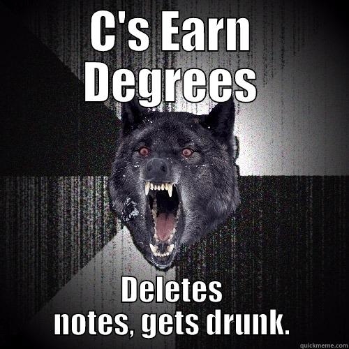 C'S EARN DEGREES DELETES NOTES, GETS DRUNK. Insanity Wolf